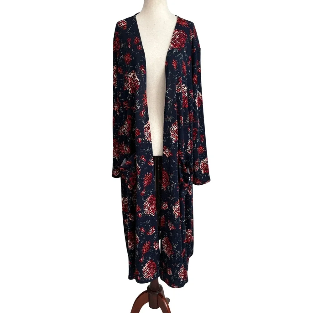 LuLaRoe Joy Duster Vest Womens XL Navy Blue Red Geometric Floral Longline Pocket